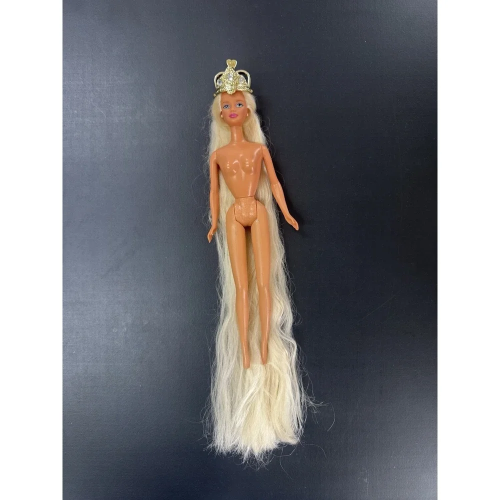 90s Barbie Rapunzel Long Blonde Hair Blue Eyes Crown Vintage Doll